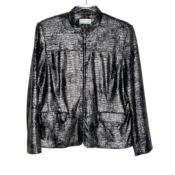 ALFRED DUNNER Petite Metallic Snakeskin Full Zip Up Jacket Black Silver Size 12P - Picture 9 of 9